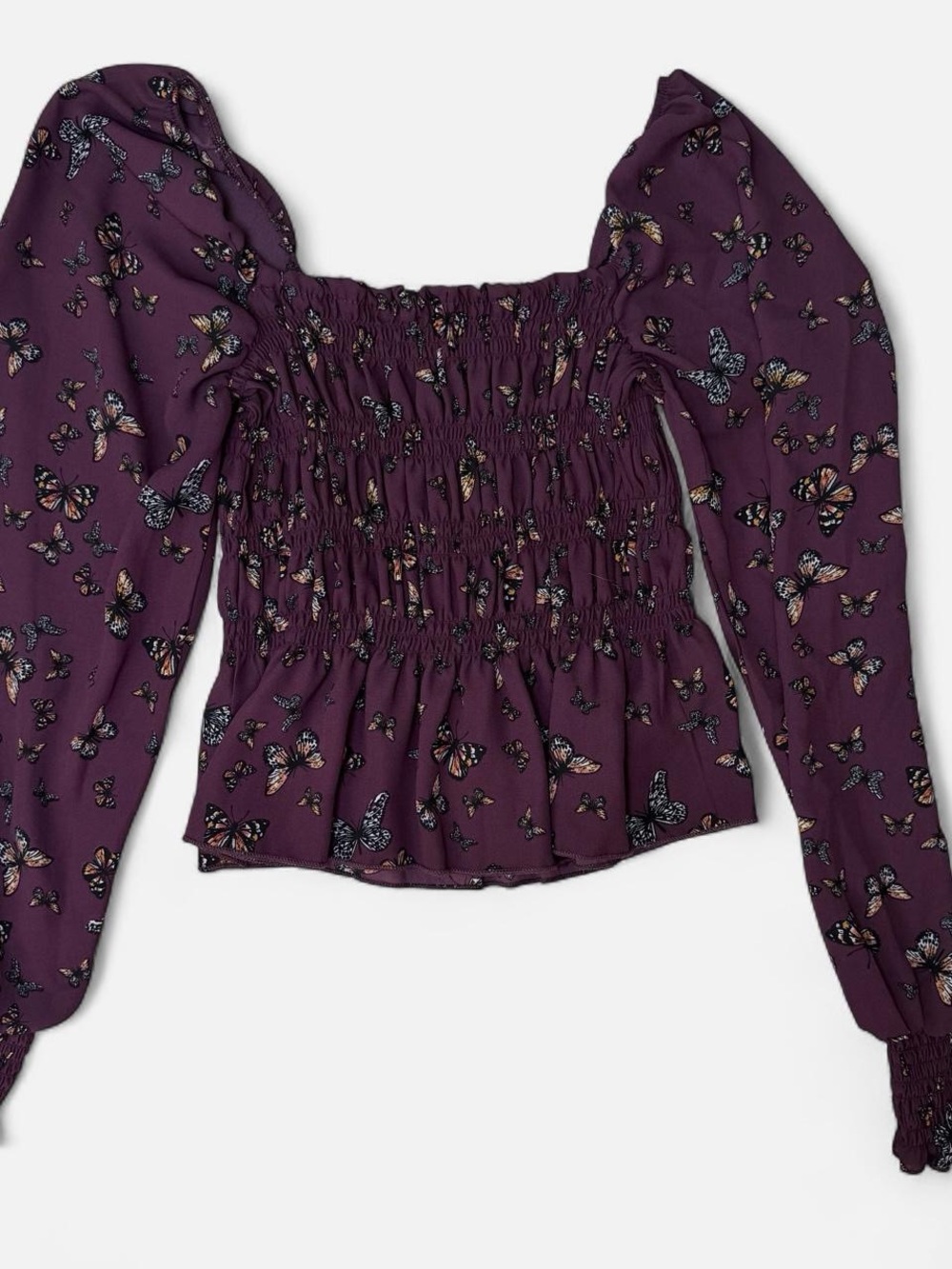 Smocked Long-Sleeve Butterfly Blouse in Deep Purple